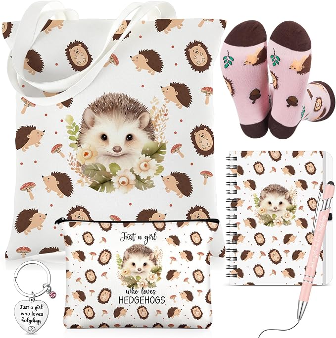Talltalk 6 Pcs Hedgehog Gifts for Women Hedgehog Lover Gift Set, Socks Canvas Bag Makeup Bag Spiral Notebook Ballpoint Pen and Stainless Steel Keychain for Christmas Birthday Graduation Thanksgiving