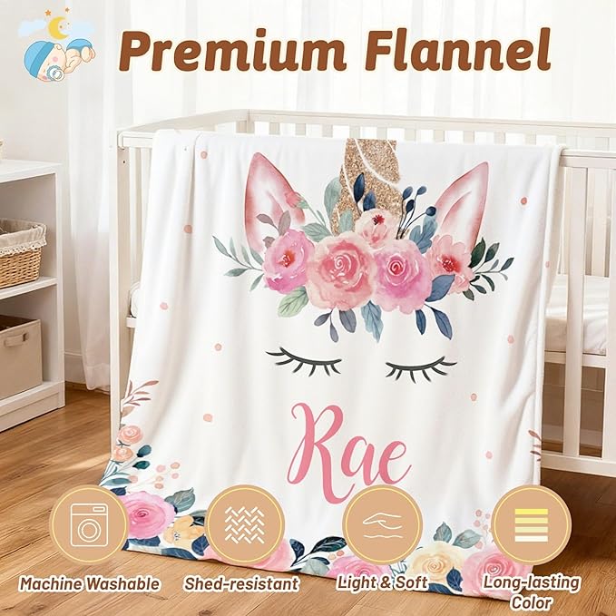 Personalized Baby Blanket with Name, Customized Soft Animals Flannel Blankets for Newborn Boys Girls and Toddlers, for New Mom, Infant Birthday Gift, Unicorn-2