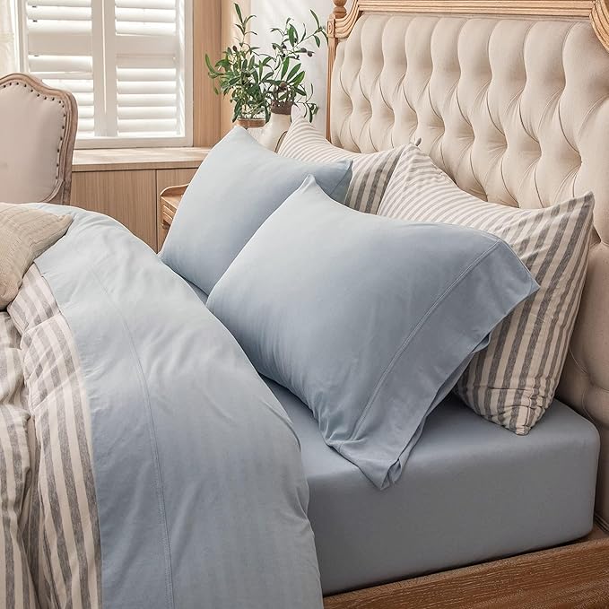PURE ERA Jersey Knit 3pcs Bed Sheet Set 100% T-Shirt Heather Cotton Super Soft Comfy Breathable Fits Mattress Up to 20" Extra Deep Pocket (Solid Light Blue, Twin XL)
