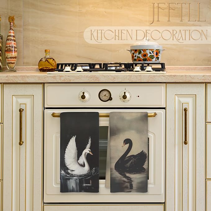 Swan Decor Kitchen Towels, Vintage Swans Decor Hand Towels, Swan Gifts Decorative Towels for Bathroom, 16x24 Inch Set of 2