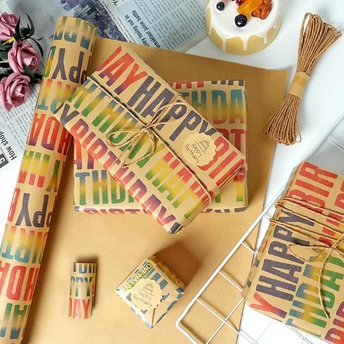 MAMUNU Birthday Wrapping Paper Roll, Colorful Happy Birthday Kraft Gift Wrapping Paper Jumbo Roll, Gift Wrap Paper Set for Boys Girls Men Women, 17 x 590 Inch