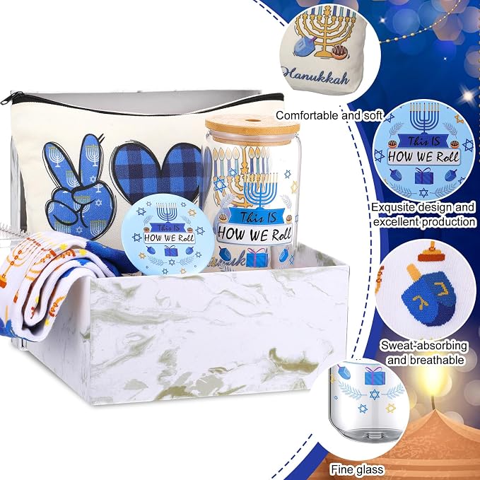 Kacctyen 5 Pcs Hanukkah Jewish Gifts for Women 16 oz Hanukkah Jewish Tumbler with Lid Straw Chanukah Makeup Bag Socks Mirror Gift Box for Chanukah Holiday Friend Coworkers Family