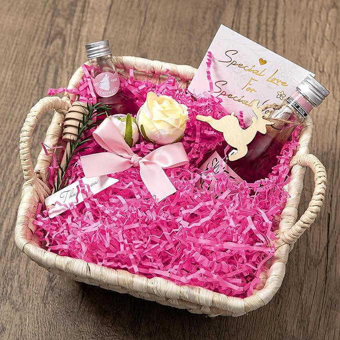 Mefleet 1/2 LB Crinkle Cut Paper Shred Filler 8 oz Pink Crinkle Shredded Paper for Gift Box - Gift Basket Bag Filler - Grass Cushion Stuffing for Mother's day, Birthday Packaging Wrapping