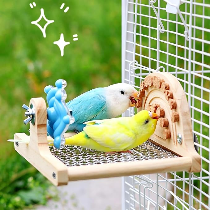 Bird Perches Platform,Stainless Steel Bird Stand with Rotating Spinner & Natural Cork Chew Toy,9.1''L*6.5''W*4.3''H Grid Parrot Perch Stand Shelf,Bird Cage Accessories for Small/Medium Parrots
