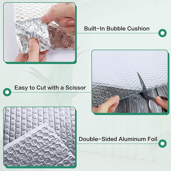 Reflective Bubble Insulation Sheet, Double Side Aluminum Foil Bubble Shield, Aluminum Foil Thermal Insulation Radiant Barrier for Windows, RV, Roof, Garage Door (23.6IN X 20FT)