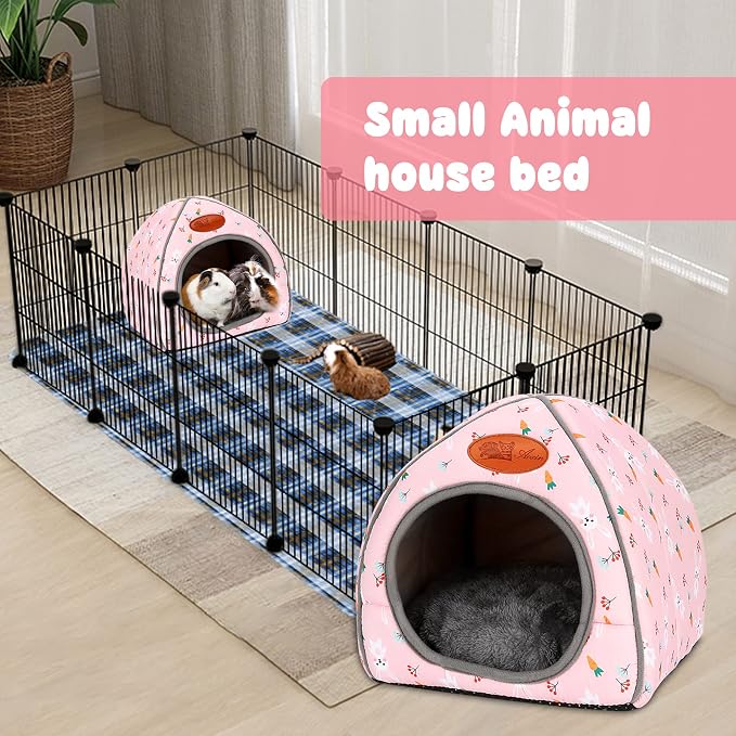 BWOGUE Guinea Pig Bed Large Hide-Out Cozy House Bed for Rabbits Ferret Chinchilla Bearded Dragon Winter Warm Cage Nest Hamster Accessories Cute Bunny and Carrot Pattern | Removable Cushion for Cleaning, Warm Fleece Nest, Washable Bed, 10.6 x 10.6x 11 i...