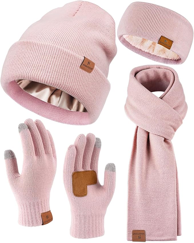 Womens Winter Warm Beanie Hats Gloves Scarf Headband Set Fleece Lined Ear Warmer Knit Scarf Touchscreen Gloves Winter Gifts