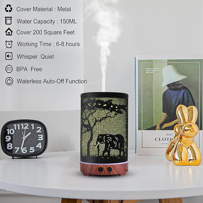 Essential Oils Diffuser,Aromatherapy Diffuser,Birthday Gifts for Women Mom Grandma,Metal Cool Mist Humidifier with 7 Colors Lights Waterless Auto Off Air Diffusers（Elephant）