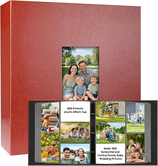 1000 Pocket Photo Album 4x6 Leather Cover, Extra Large Capacity Holds 1000 Horizontal and Vertical Photos, Acid Free Non Stick Pages with Front Window, Perfect for Wedding Family Baby Memories (Brown)