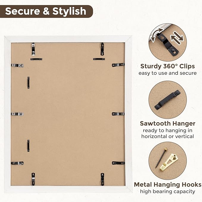 16x20 Picture Frame, Solid Wood Grain Picture Frame-Tempered Glass, Display Poster 11x14 with Mat or 16 x 20 Without Mat, Rustic Picture Frames, 16x20 Picture Frames for Wall, White, 1Pack