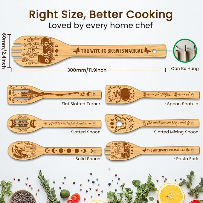 CUTHOLLOW 6PCS Magic Witch Wooden Kitchen Cooking Utensil Set, 11.9in Non Toxic Bamboo Wood Spoon Set for Cooking, Best Housewarming Halloween Decor Gift for Women Mother