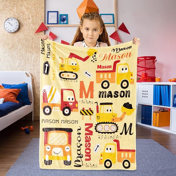 Personalized Construction Blanket with Name for Baby Boys Girls, Custom Truck Blanket Construction Vehicles, Soft Flannel Toddler Blankets Customized Gift for Newborn Baby Shower Birthday-30x40inch