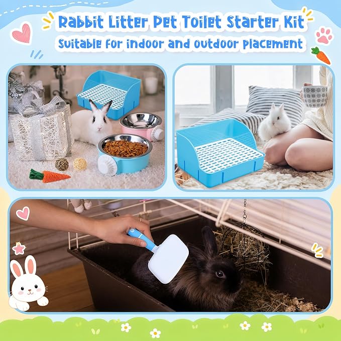 Reallnaive 15 Pcs Rabbit Starter Kit Small Rabbit Litter Box Girls Gift Animal Grooming Kit Bunny Toys Bowl Blankets with Cleaning Set for Guinea Pig Accessories(Bright Blue)