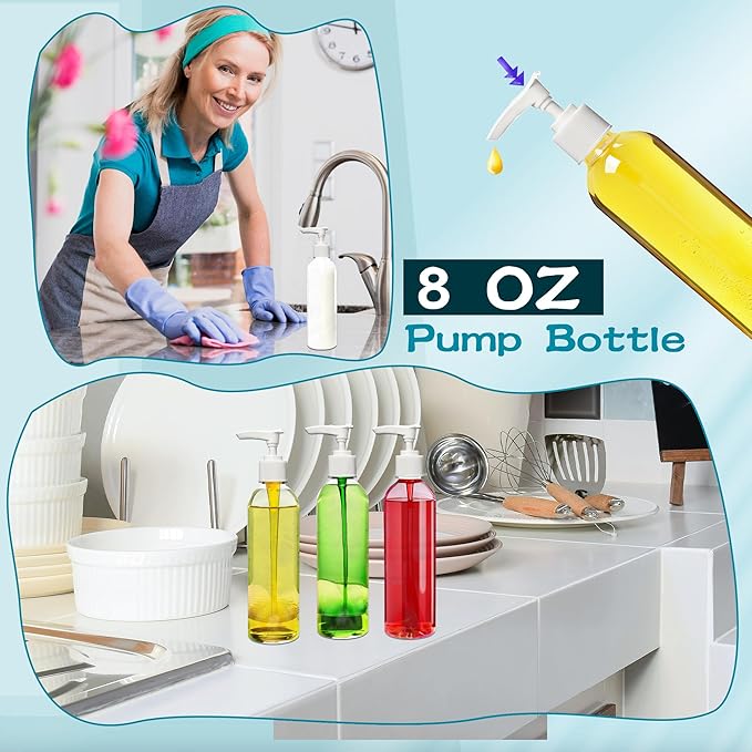 52 Pcs Empty Plastic Pump Bottle 8 oz/ 250 ml Clear Lotion Pump Dispenser Refillable Shampoo Containers Bulk with Travel Lock for Body Wash Liquid Soap Massage Oil Face Cream Conditioner