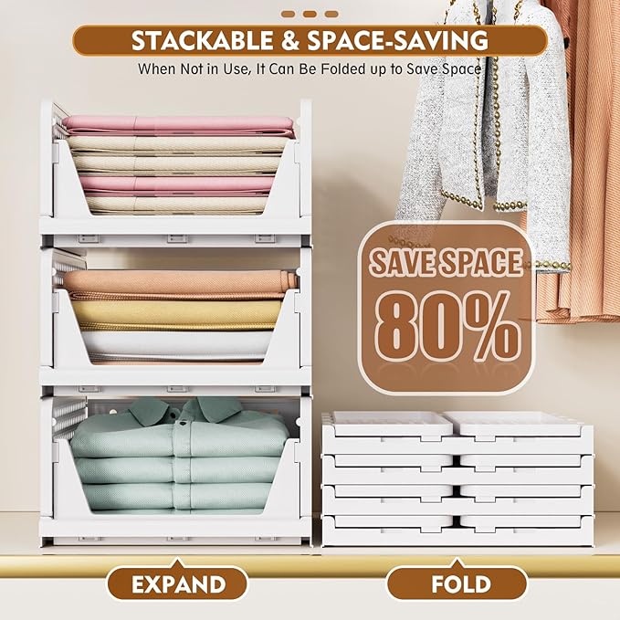 SNSLXH 8 Pack Stackable Closet Storage Bins, Multifunctional & Foldable Closet Organizers and Storage for Bathroom Kitchen Laundry Room Drawer Shelf Storage, Space-Saving Wardrobe Organizer, White