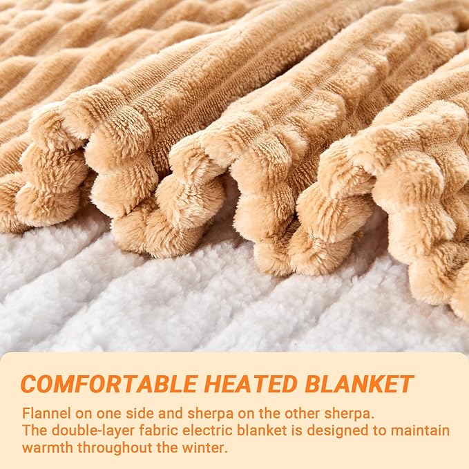 Heated Blanket Electric King, Soft Flannel Heating Blanket with 8 Hours Auto Off 10 Fast Heating Levels Machine Washable Sherpa Heated Blanket with Overheating Protection