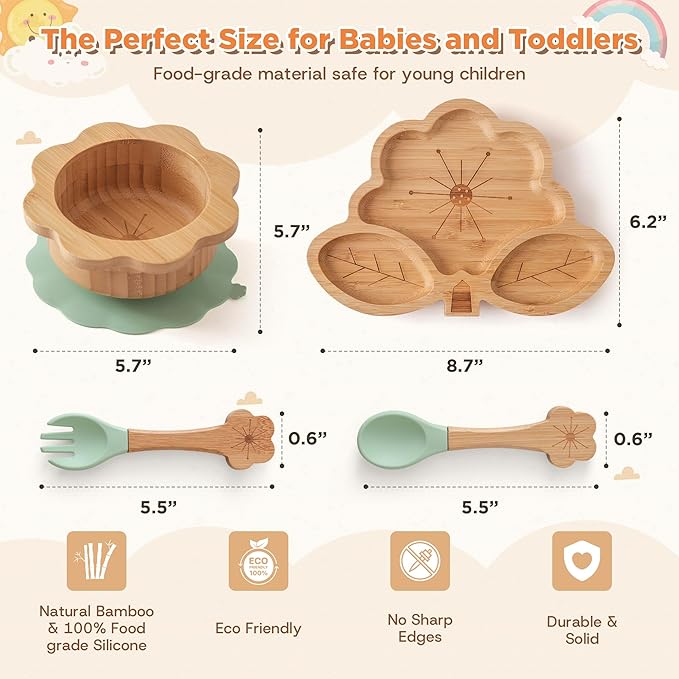 Bamboo Suction Plates Bowls Set for Baby Toddler - Includes Bamboo Bowl, Divided Plate, Silicone Fork & Spoon, All-Natural Baby Feeding Set for Baby-Led Weaning
