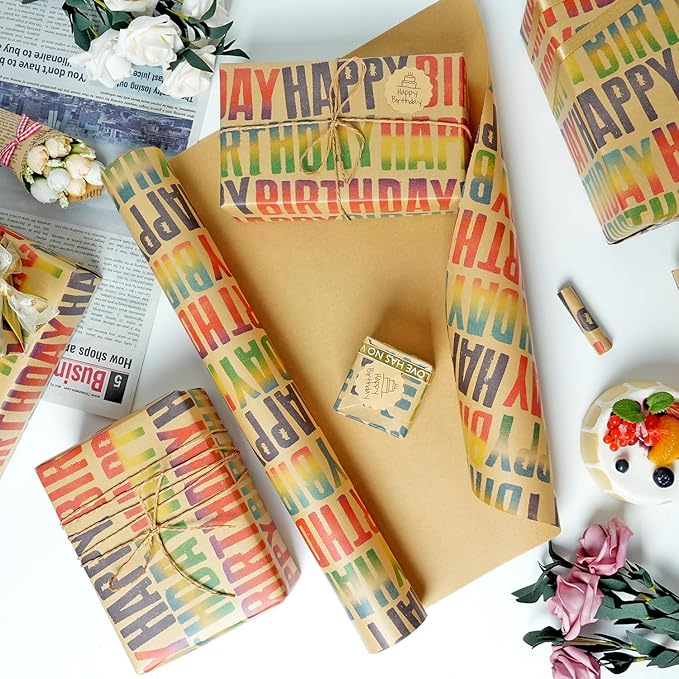 MAMUNU Birthday Wrapping Paper Roll, Colorful Happy Birthday Kraft Gift Wrapping Paper Jumbo Roll, Gift Wrap Paper Set for Boys Girls Men Women, 17 x 590 Inch