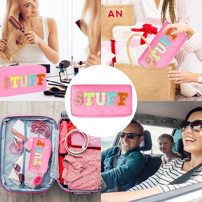 DYSHAYEN Nylon Stuff Cosmetic Bag Small Travel Preppy Makeup Pouch Bag for Women Girls with Chenille Letter Patches (Pink-STUFF)