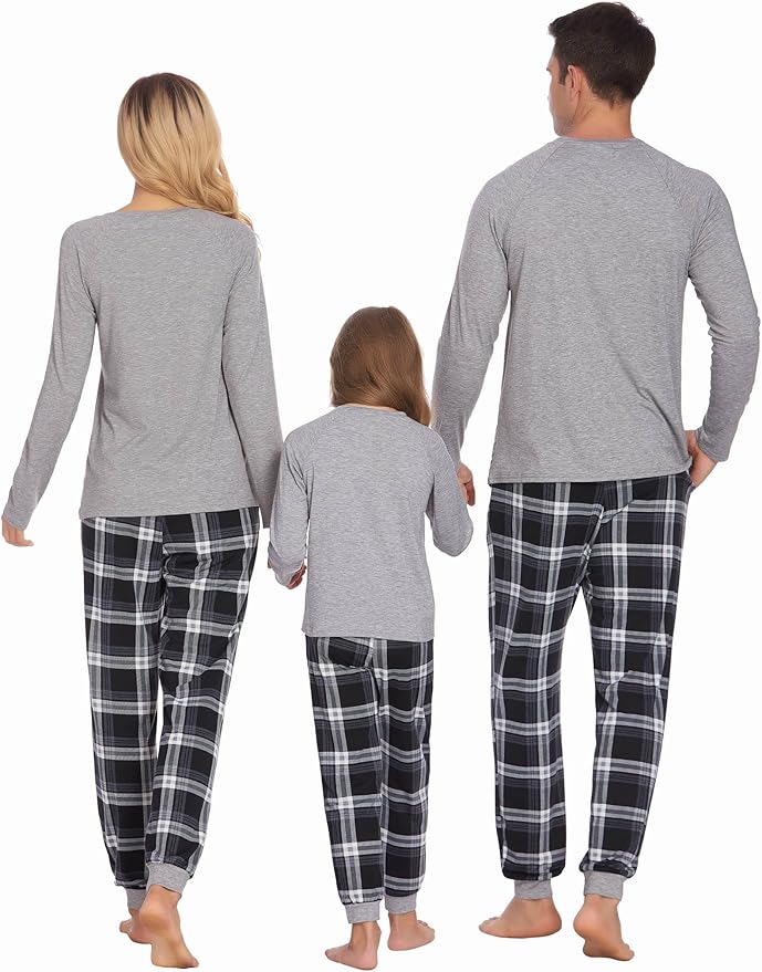 Ekouaer Family Matching Pajamas Christmas Sleepwear Long Sleeve Sleep Shirt with Plaid Pants Soft Loungewear Pjs Set S-XXL