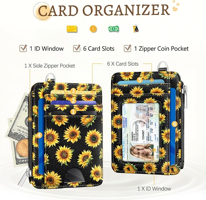 Kelvoris Credit Card Holder Small Wallet Women, Slim RFID, Sunflower | Keychain, Zipper Coin Pocket, Front Pocket Thin Travel Card Case, Minimalist, 6 Card Slots, 1 ID Window, Ladies Gifts Woman