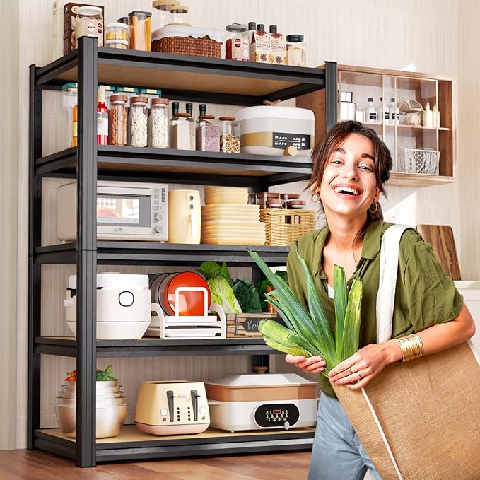 71"H Heavy Duty Garage Shelving - 1900 LBS Capacity 5-Tier Metal Storage Shelves, 71"H x 28"W x 12"D Adjustable Steel Utility Rack, Compact Storage Shelf for Pantry, Closet, Basement, Shed - Black