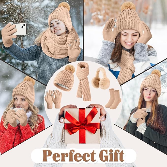 Geyoga 6 Pcs Winter Warm Set for Women Warm Beanies Hats Touchscreen Gloves Long Scarf Ear Muffs Socks Winter Gifts for Women