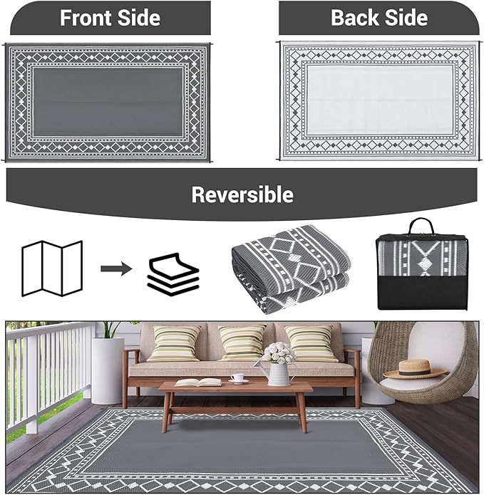 10x14 Large Outdoor Rug,Modern Bordered Plastic Straw Carpet,Waterproof Lightweight Outdoor Carpet,Easy Cleaning Folding Uv Resistant Picnic Camping Mat,Grey/White
