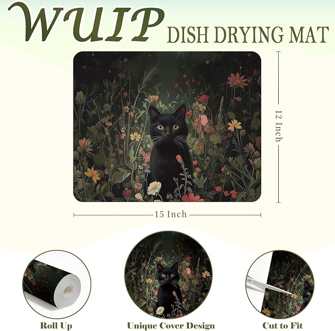 Black Cat Dish Drying Mats for Kitchen Counter, Cat Mom Gifts, Moody Floral Botanical Absorbent Reversible Coffee Bar Mat Drying Pad for Kitchen Decor, 12x15 Inch