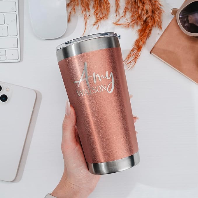 Personalized Tumbler with Engraved Name - 12 Designs, 20 Oz Coffee Tumbler with Slider Lid, Rose Gold, Double Wall Insulated - Custom Gifts for Women