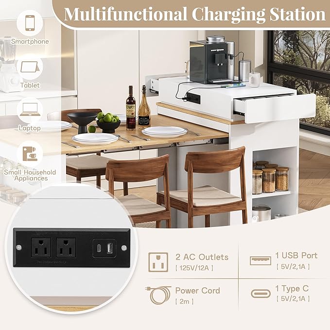 Amposei Kitchen Island with Extendable Dining Table & Power Outlet, 58’’ Breakfast Bar Coffee Station Sideboard Glass Door Storage Cabinet with Drawers, Creamy White & Natural