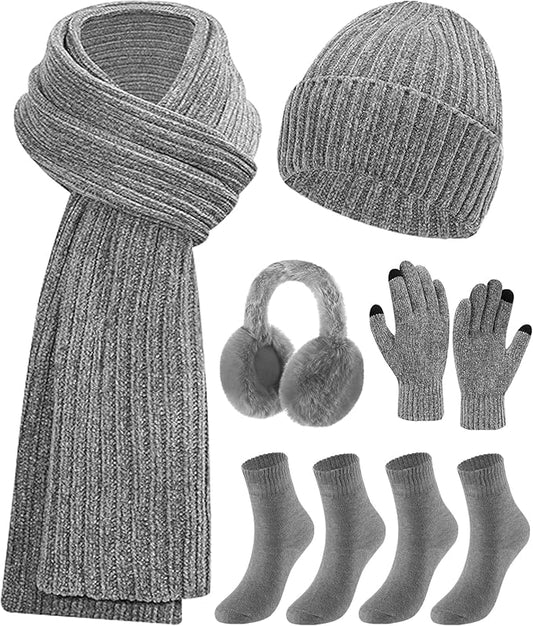 Geyoga 6 Pcs Winter Knit Set Beanie Hat Long Scarf Touchscreen Gloves Ear Muff Socks Warm Valentine Gift for Women Men Snow(Gray,Classic Style)
