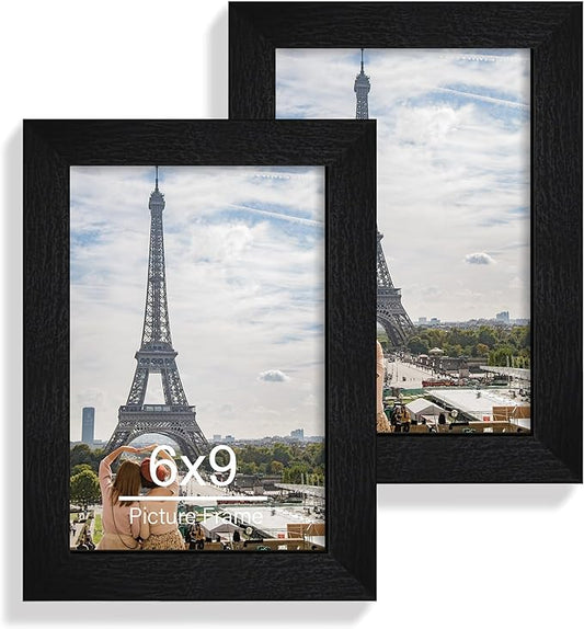 6x9 Picture Frame Set of 2, Made of Real Glass and Rustic Black Wooden Frame - 6 by 9 Photo for Wall or Tabletop Display