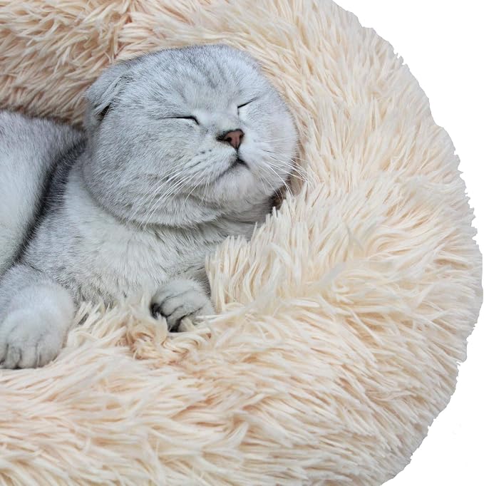Dog Bed for Small Dogs & Cats, 24 Inch Medium Fluffy Washable Donut Bed | Plush Puppy Bed and Cat Bed for Pets up to 25 lb, High-Loft Polyester Fill with Water-Resistant Non-Skid Base for Indoor Use