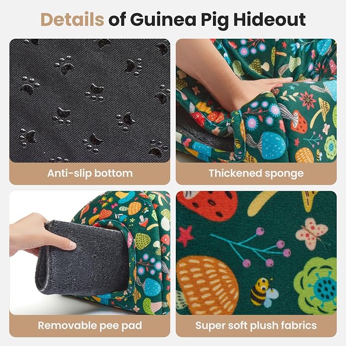 Guinea Pig Hideout Soft Large Bed Tunnel with Door Curtain 2 Pack Guinea Pig Toys Set Bunny Bed Cage Accessories for Small Animals (Blackish Green Mushroom)