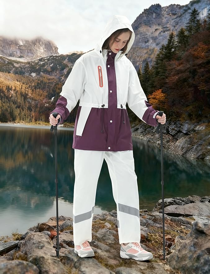 Rain Suit for Women Waterproof Hooded Rain Gear Rain Jacket and Pants 2 Piece Breathable Rain Coat Outdoor