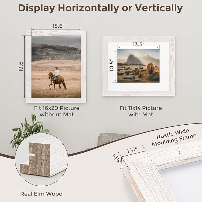 16x20 Picture Frame, Solid Wood Grain Picture Frame-Tempered Glass, Display Poster 11x14 with Mat or 16 x 20 Without Mat, Rustic Picture Frames, 16x20 Picture Frames for Wall, White, 1Pack