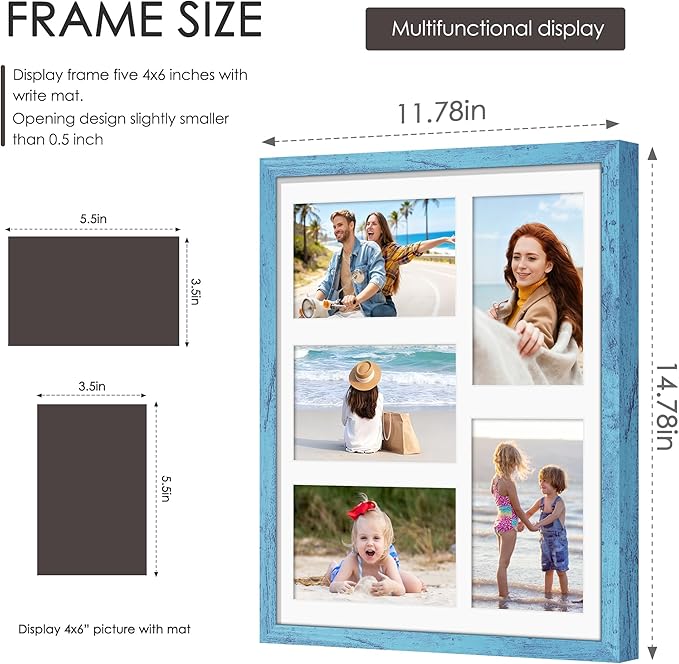 11x14 Collage Picture Frame 4x6 Collage Picture Frame Displays Five 4x6 inch Photos or 11x14 (Without Mat) Wall Decor Wall Hanging or Tabletop Blue