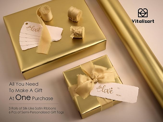 Vitalizart Gold Matte Metallic Wrapping Paper Set 17" With Silk Satin Ribbon & Gift Tags Christmas Gift Wrapping Birthday Baby Shower Wedding Bouquets Handmade Crafts 197"(16.4 Ft) Gold Ribbon