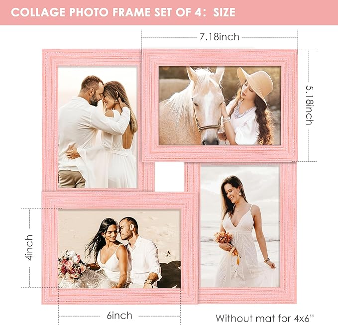 4x6 Collage Picture Frame Tempered Glass Front, Displays Four 4x6 Photo, Family Photo Collage Frame, Wall Decor Wall Hanging or Tabletop, Pink