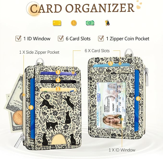 Kelvoris Credit Card Holder Small Wallet Women, Slim RFID, Black Cat | Keychain, Zipper Coin Pocket, Front Pocket Thin Travel Card Case, Minimalist, 6 Card Slots, 1 ID Window, Ladies Gifts Woman