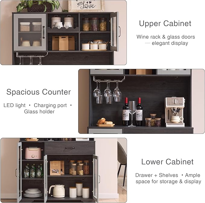 Fatmok 71" Pantry Cabinet with Wine Rack and Charging Station, Set of 2 Tall Coffee Bar Cabinets with LED Lights, Drawer, Adjustable Shelves, Kitchen Hutch Storage, Grey