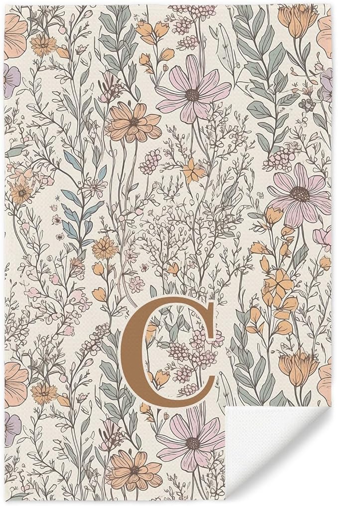 Initial C Personalized Floral Kitchen Towels Dish Towel, Custom Hand Towels for Bathroom, Monogrammed Gifts for Women Mom, Boho Floral Decorative Kitchen Towels Tea Towel, 16x24 Inch