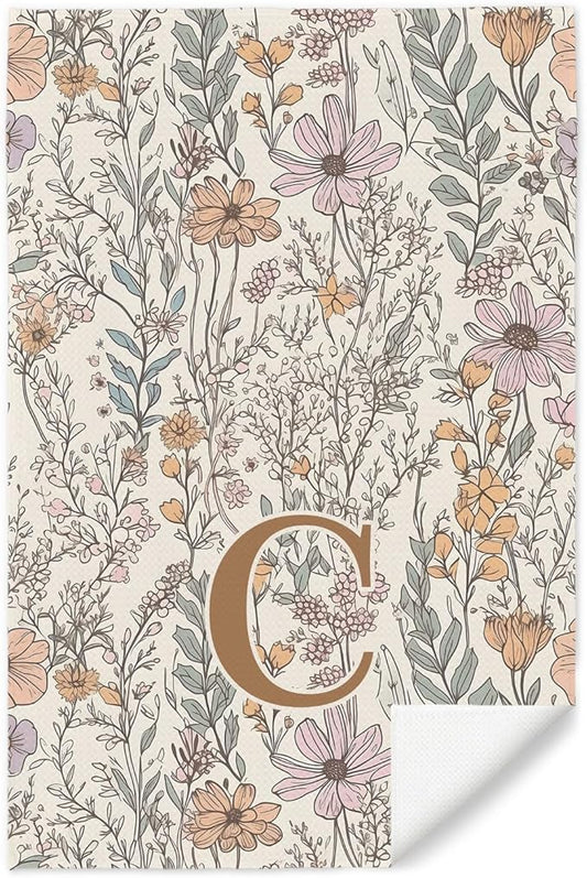 Initial C Personalized Floral Kitchen Towels Dish Towel, Custom Hand Towels for Bathroom, Monogrammed Gifts for Women Mom, Boho Floral Decorative Kitchen Towels Tea Towel, 16x24 Inch
