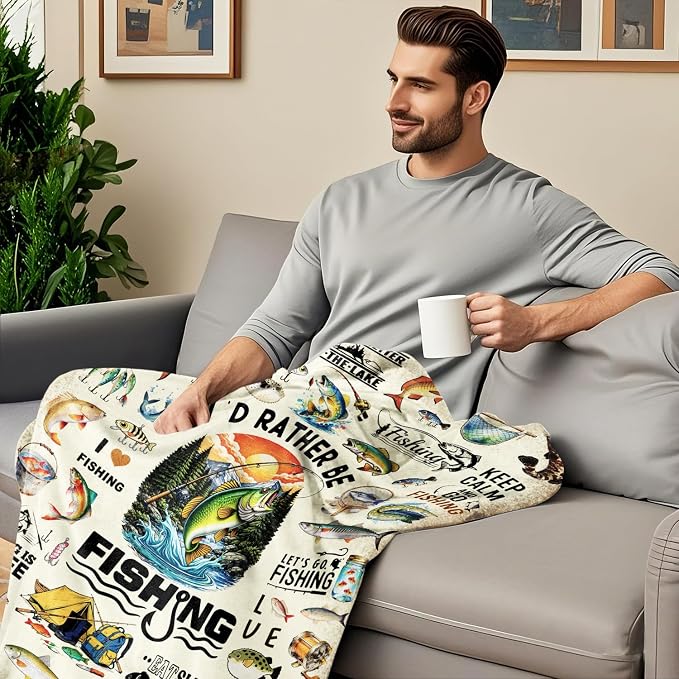 Fishing Blanket Gifts for Men Soft Flannel Fishing Throw Blanket Funny Fish Gift Merch Stuff for Boys Fisherman 50"X40"