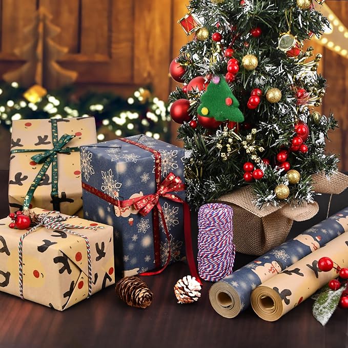 AhfuLife 2 Rolls Christmas Wrapping Paper - 17 Inch × 49.2 Feet Per Roll, Recyclable Kraft Xmas Wrapping Paper Roll for Kids Christmas Gift Box Birthday Party Decoration -138 sq. ft. ttl (L: Blue Snowman/Reindeers)