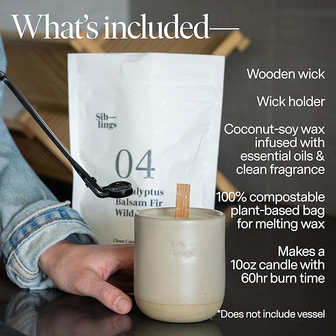Siblings Candle Making Kit | DIY Coconut-Soy Wax Candle Kit with Wooden Wick | Scent No 03: Tangerine, Jasmine, Vetiver | Clean, Non-Toxic, Reusable, 60 Hr Burn
