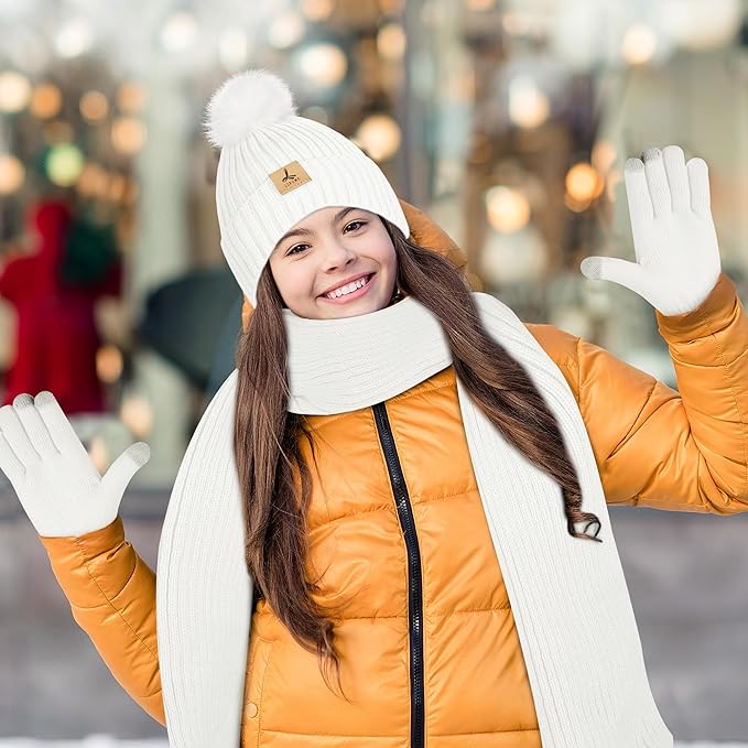 LOROME Women Winter Beanie Hat Scarf Gloves Set, Fleece Knitted Pompom Hat Warm Neck Scarf Touchscreen Gloves Winter Gift