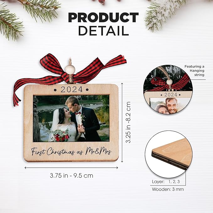 Christmas Photo Frame Ornament, 2024 Ornament, Wooden Picture Frame Ornaments With Hanging String (First Christmas As Mr & Mrs (Landscape))