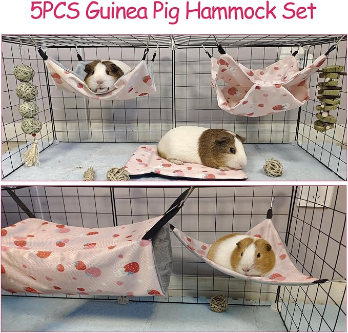 kathson 5 PCS Guinea Pig Hammock Set, Washable Rat Hammock, Guinea Pig Hideout Bed Soft Hamster Hanging Tunnel Mats Small Pets Cage Accessories for Chinchilla, Sugar Glider, Squirrel(Pink)